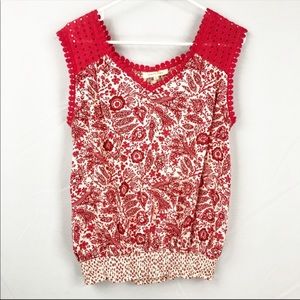 Anthropologie Red Floral Solitaire Top